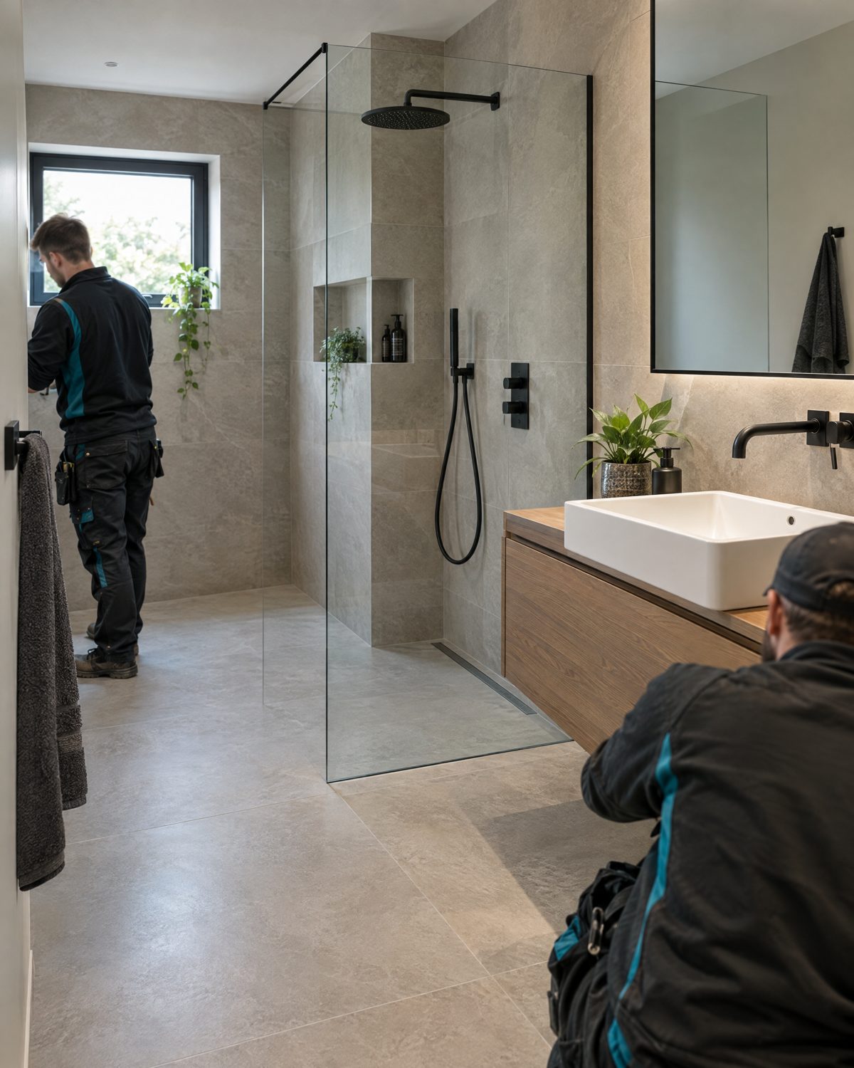 Neu renoviertes Bad mit bodengleicher Dusche und großformatigen Fliesen