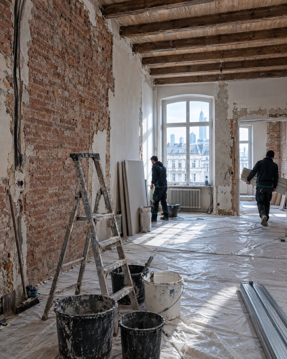 Altbauwohnung während der Sanierung mit freigelegtem Mauerwerk und Holzbalken