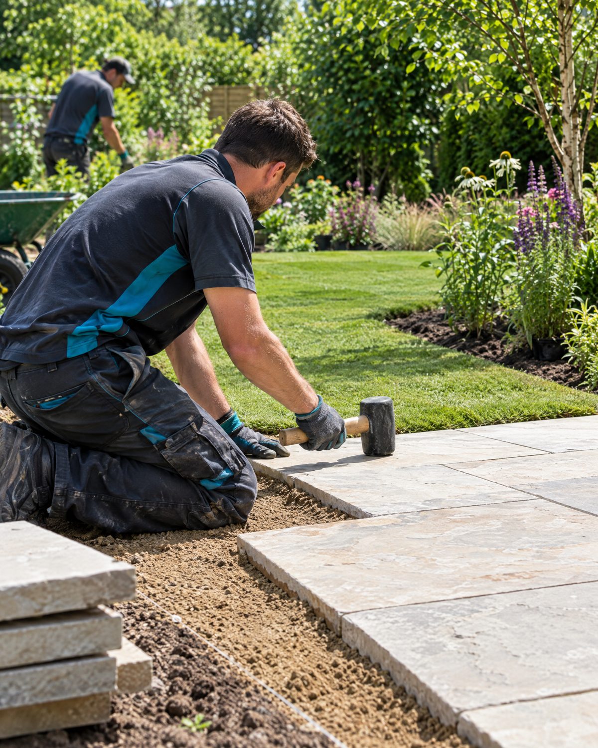 Gärtner verlegt Natursteinplatten für eine neue Terrasse