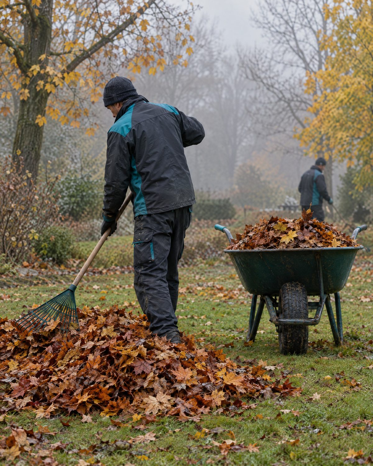 Gärtner recht im Herbst Laub zu einem Haufen zusammen