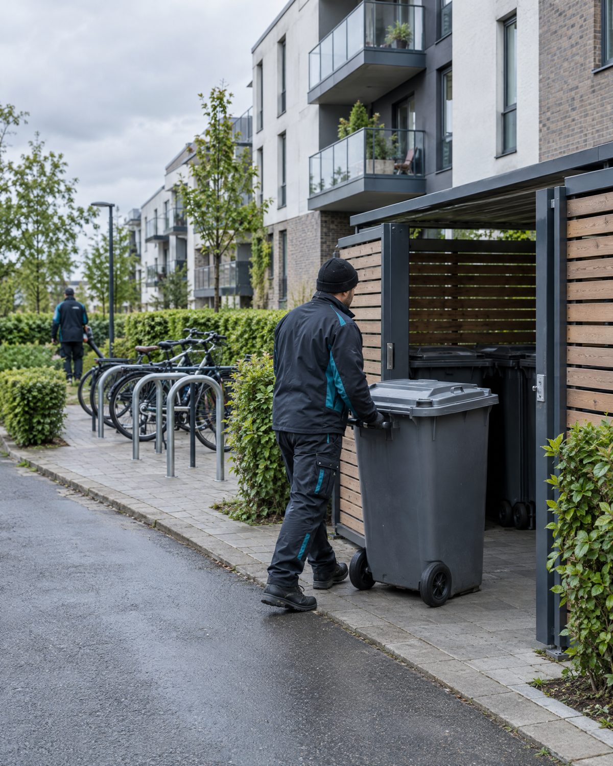 Hausmeister bringt eine Mülltonne vor einer Wohnanlage an die Straße