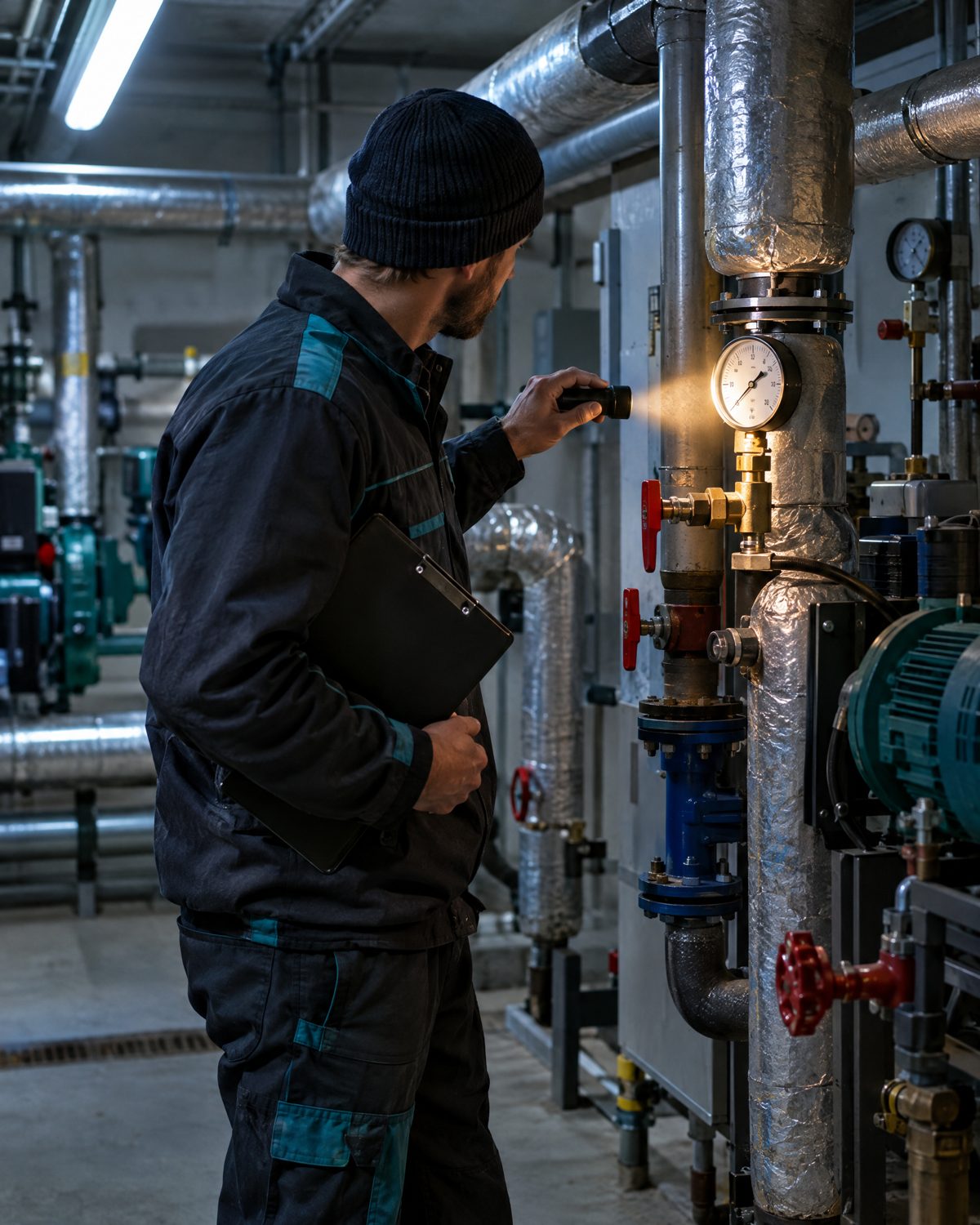 Hausmeister prüft im Heizungsraum die Anzeige der Heizungsanlage