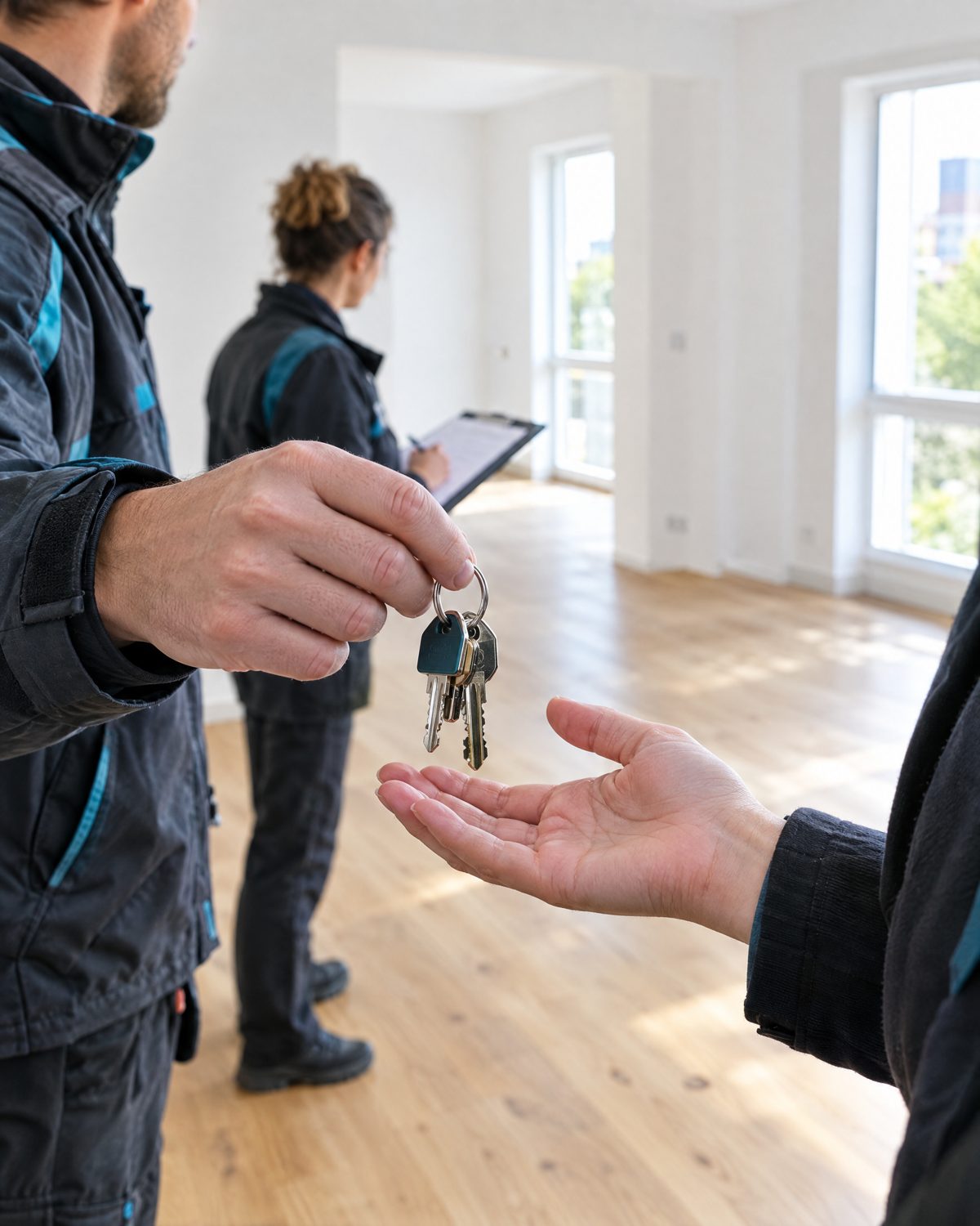 Schlüsselübergabe in einer frisch renovierten Wohnung