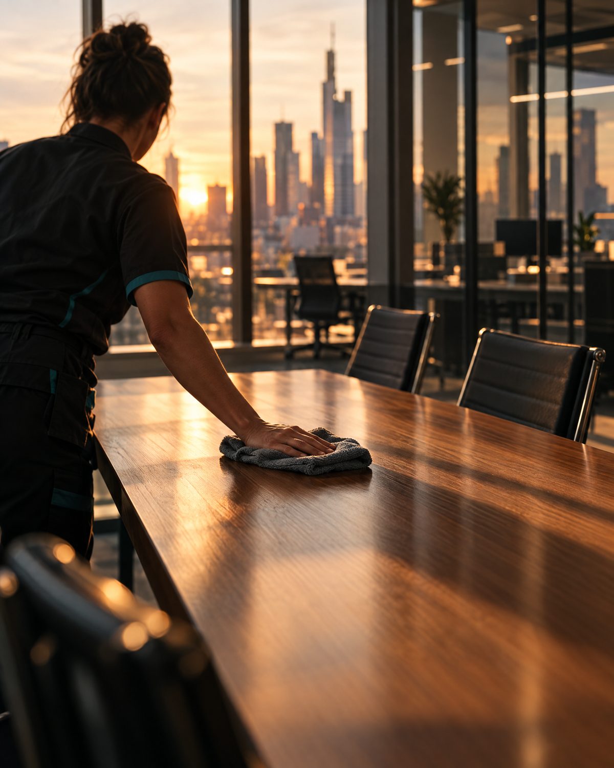 Mitarbeiterin wischt einen Konferenztisch in einem Büro mit Blick auf die Skyline