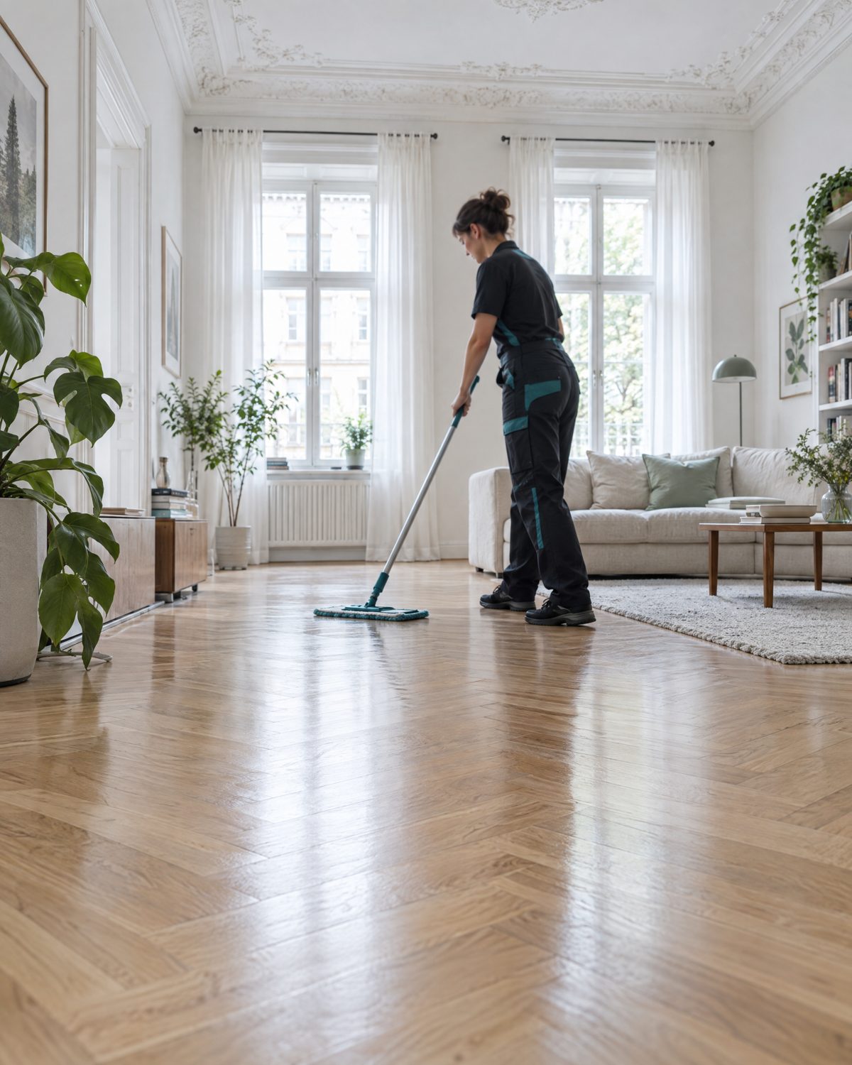 Mitarbeiterin wischt den Parkettboden in einer Altbauwohnung