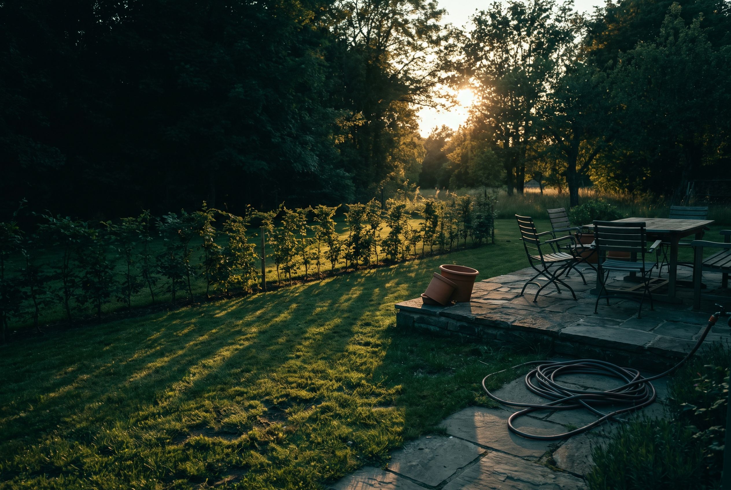 Neu angelegter Garten mit Rasen, Hecke und Terrasse bei Sonnenuntergang in Bad Vilbel