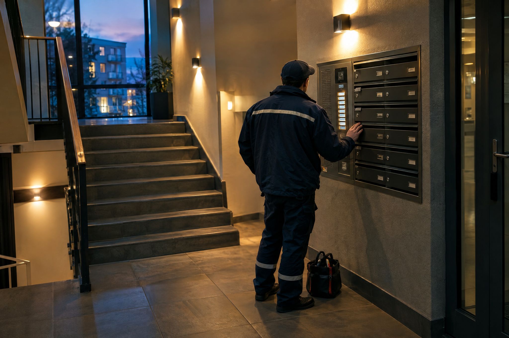 Hausmeister prüft die Gegensprechanlage in einem Treppenhaus in der Abenddämmerung