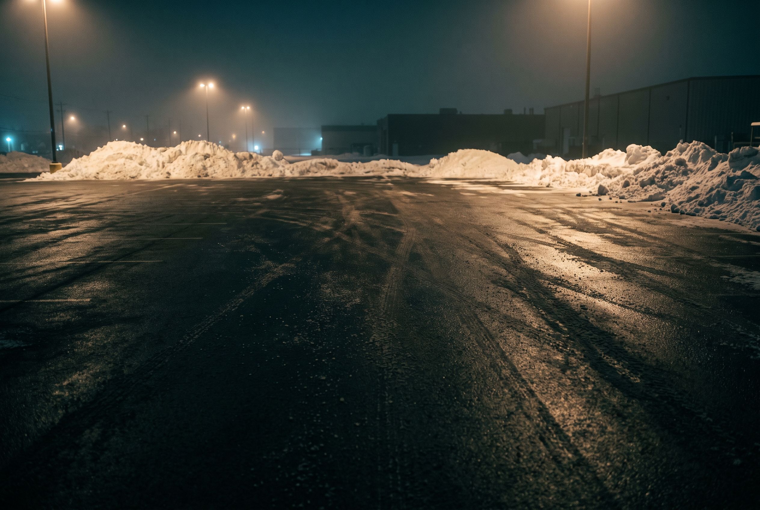 Geräumter Kundenparkplatz vor Sonnenaufgang in Offenbach
