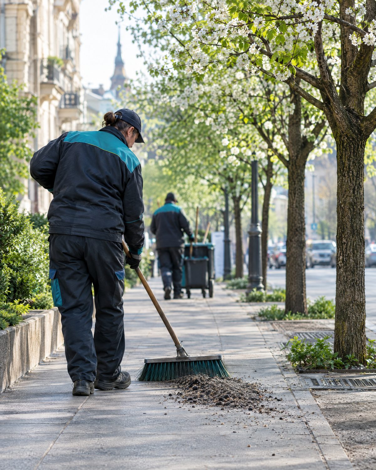 Gehweg wird im Frühjahr von Streusplitt gekehrt