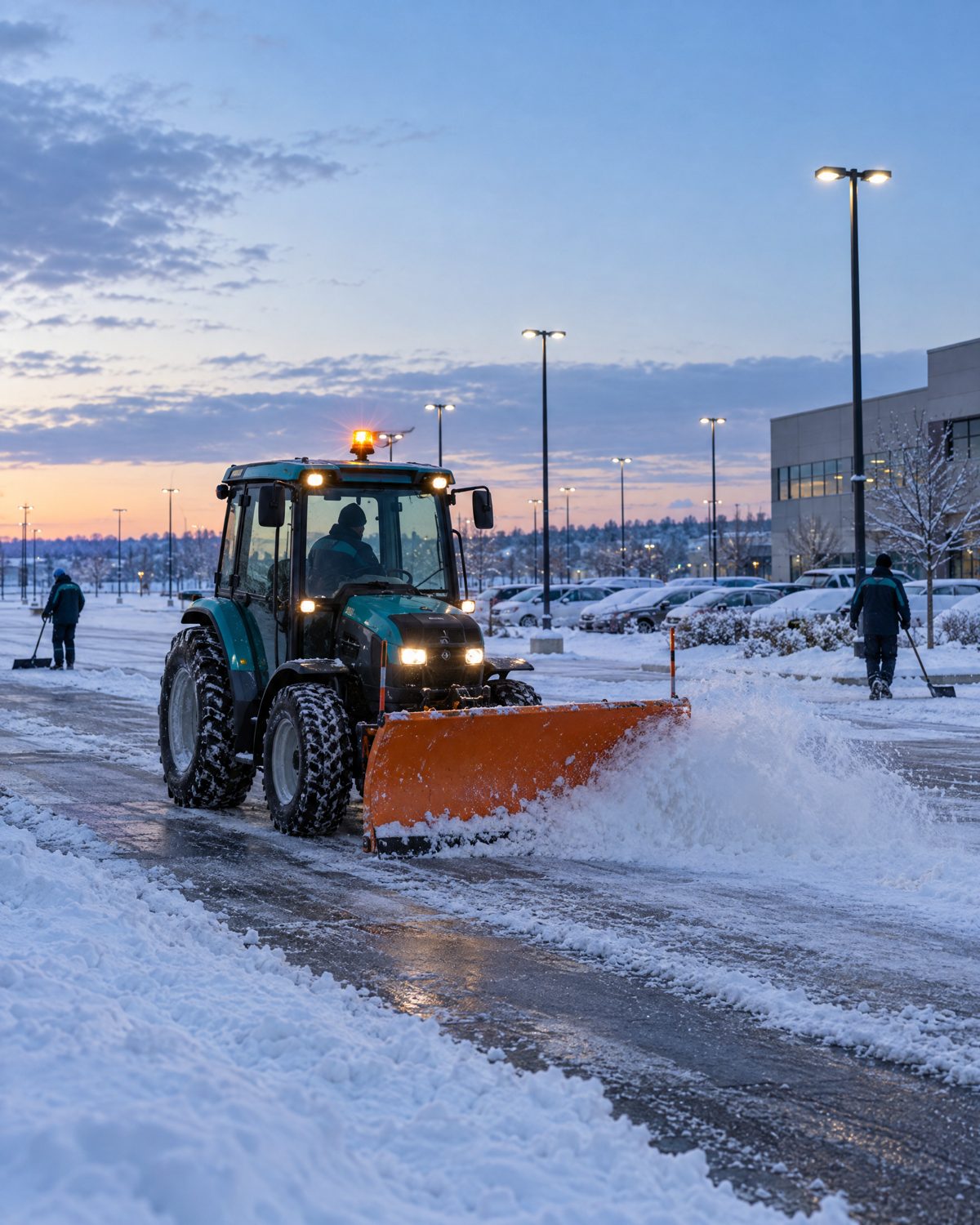 Räumfahrzeug befreit in der Morgendämmerung einen Parkplatz von Schnee