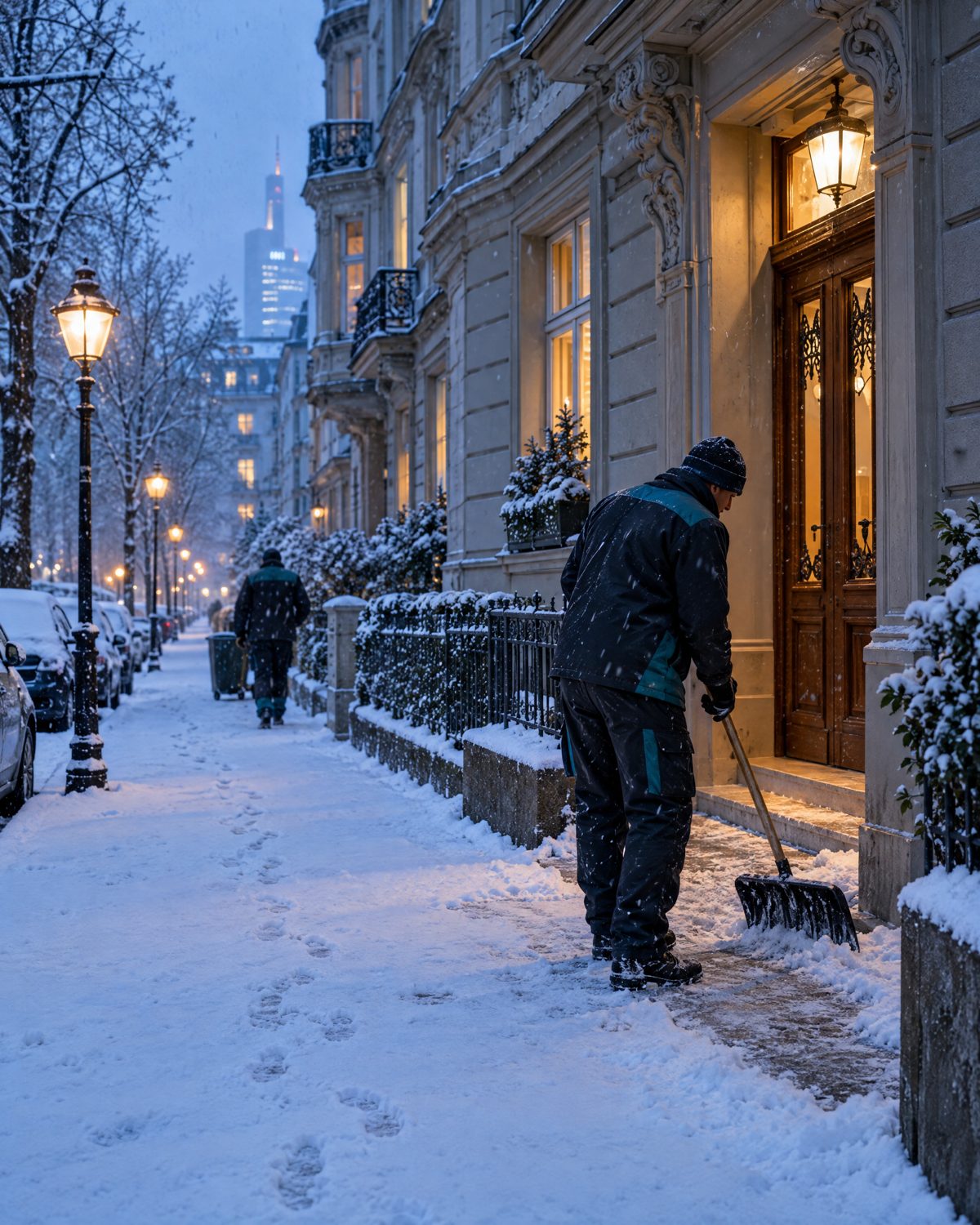 Gehweg vor einem Altbau wird am frühen Morgen von Schnee geräumt